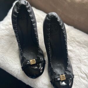 Tory Burch Black Leather Flats with Gold Embellishment